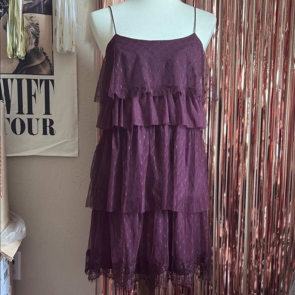 LC Lauren Conrad Runway Maroon Tulle Ruffle Polka Dot Mini Dress